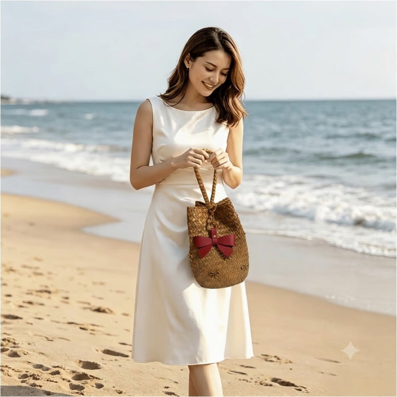 A woman stands on a sandy beach wearing a sleeveless white midi dress and holding a woven straw bucket bag with a red bow. The ocean and sky are visible in the background.