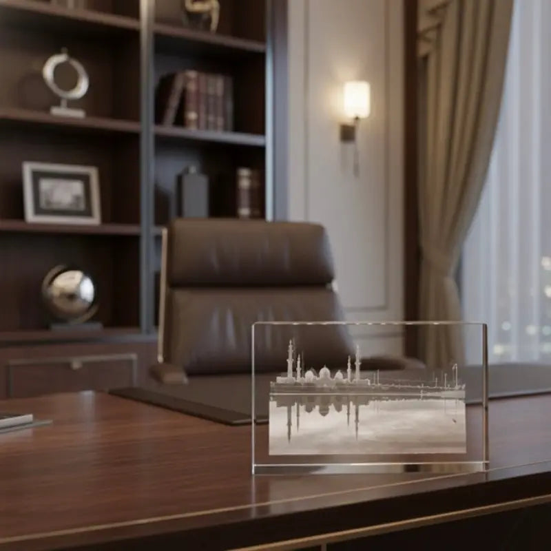 Crystal Glass Desk Decor – Featuring MB Gallery’s “Sheikh Zayed Mosque Reflection” Artwork