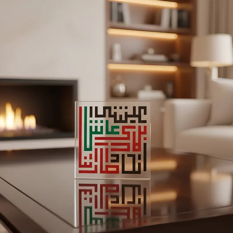 Acrylic Crystal Block – UAE National Anthem Kufi Calligraphy (10×10 cm)